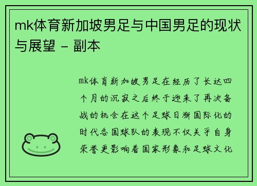 mk体育新加坡男足与中国男足的现状与展望 - 副本