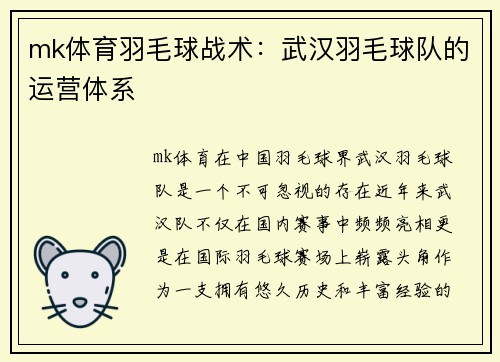 mk体育羽毛球战术：武汉羽毛球队的运营体系